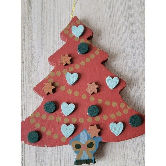 Wooden red tree star heart hand paint ornament Xmas decor - Picture 3 of 6